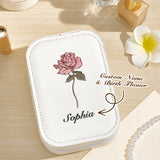 Personalized Birth Flower PU Leather Jewelry Box with LED Makeup Mirror Birthday Gift for Her