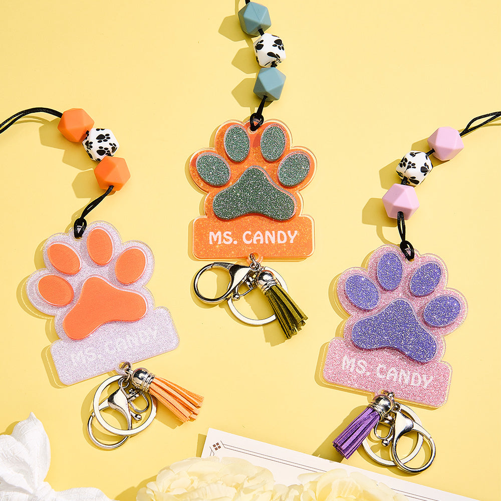 Personalized Glitter Paw ID Badge Lanyard with Text Beads Tassels Badge Lanyard Gift for Teacher Pet Lover