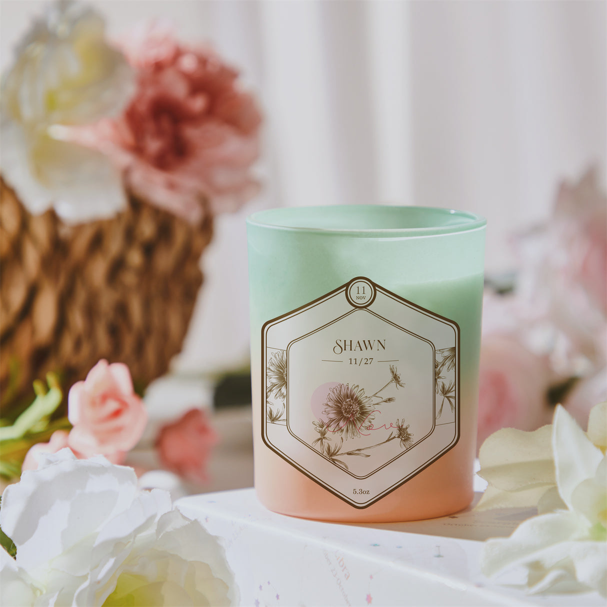 Elegant Custom Engraved Hexagon Month Flower Scented Candle for Stunning Wedding Decor