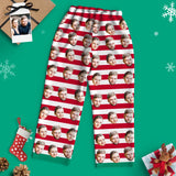 Custom Face Christmas Long Sleeve Pajamas - Red and White Stripe Couple