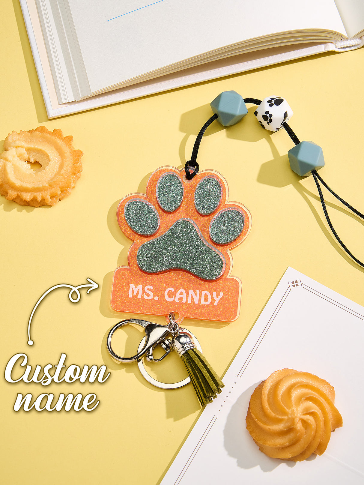 Personalized Glitter Paw ID Badge Lanyard with Text Beads Tassels Badge Lanyard Gift for Teacher Pet Lover