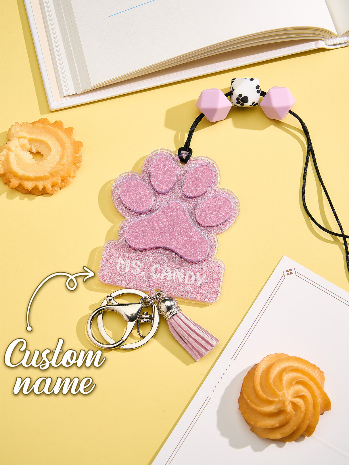 Personalized Glitter Paw ID Badge Lanyard with Text Beads Tassels Badge Lanyard Gift for Teacher Pet Lover