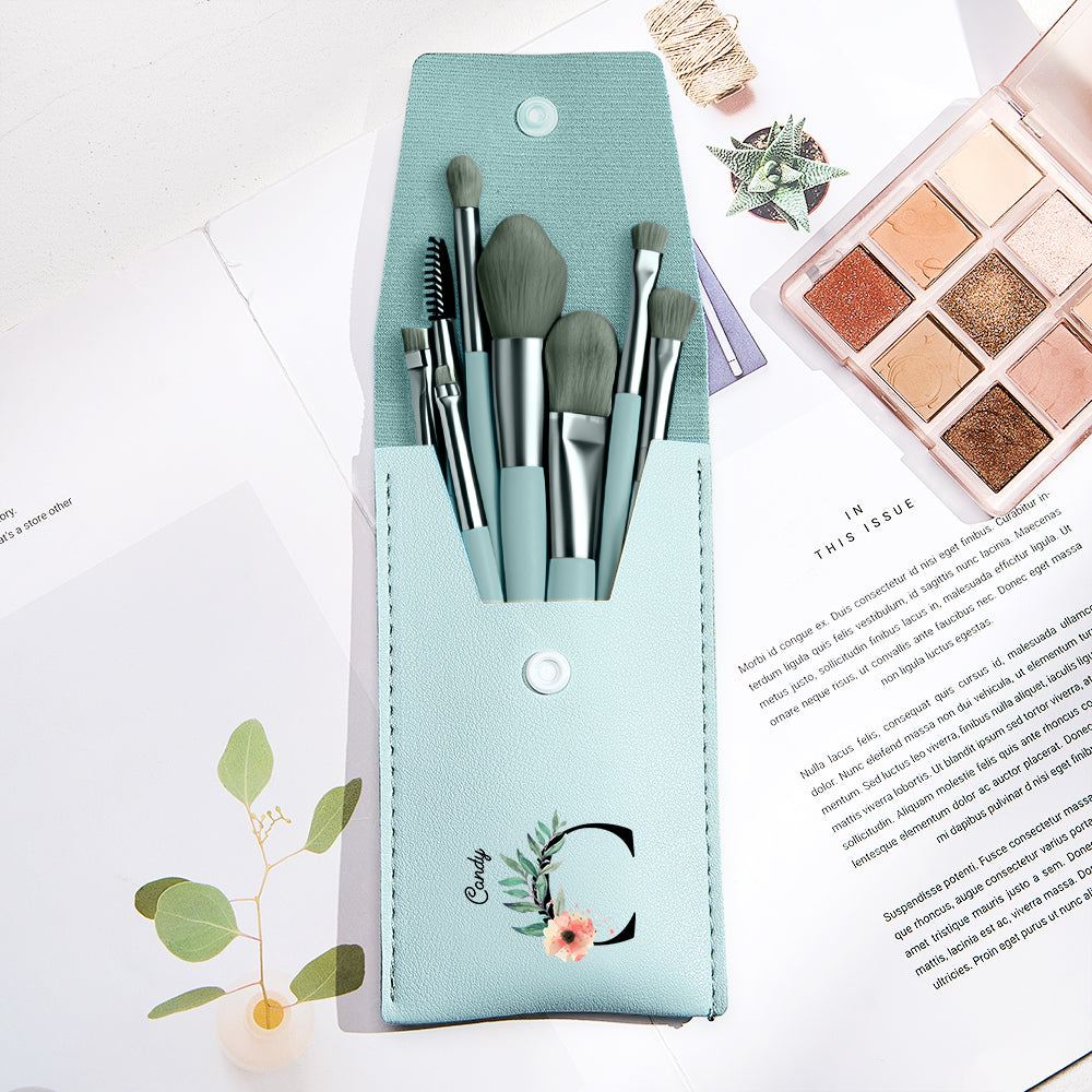 Personalized Flower PU Leather Makeup Brush Bag with 8 Pcs Makeup Brushes Gift for Her